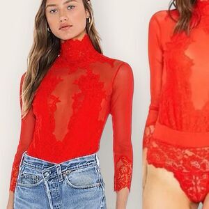 NWT $148 Free People Take HAH Bow Reversible Bodysuit  Lace Top Red, Medium